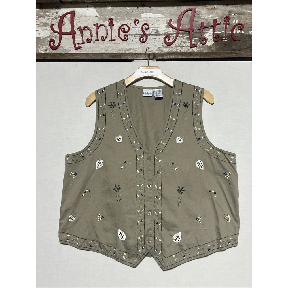 Vintage Bobbie Brooks Embroidered Khaki Fall Hippie Cotton Vest Womens 22W/24W